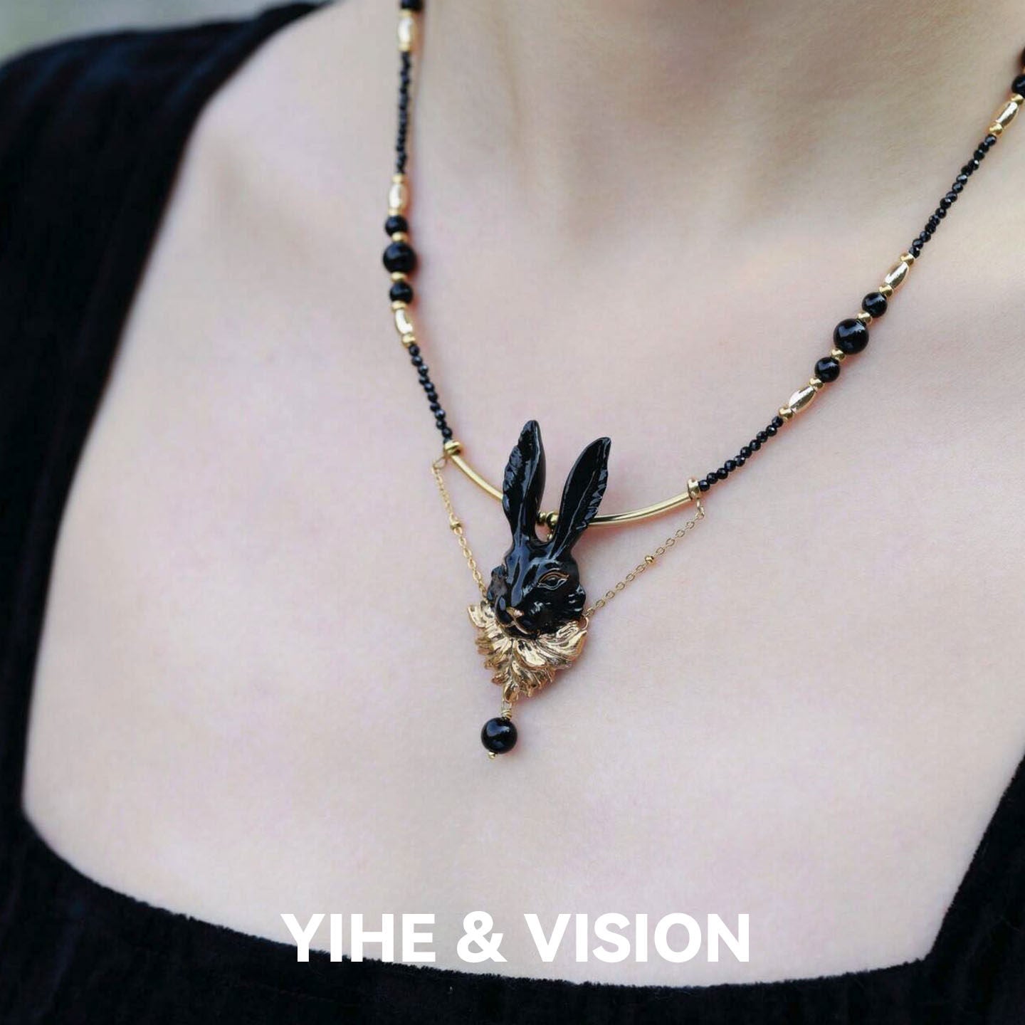 Handmade Ceramic Golden Whisker Black Rabbit Necklace