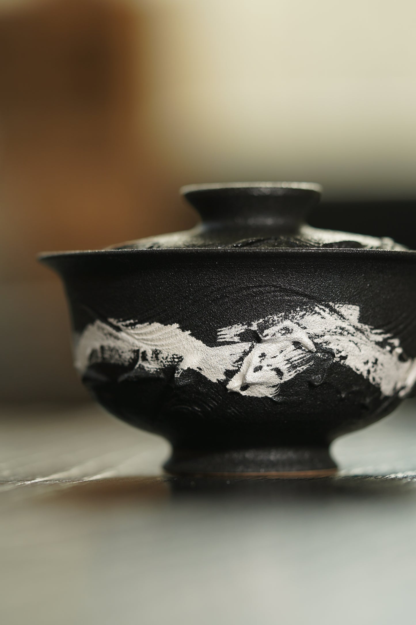 Gaiwan — Ink-Glazed Yellow Clay · Silver Mountain River
