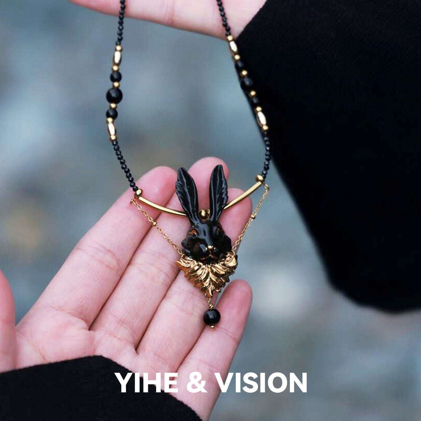 Handmade Ceramic Golden Whisker Black Rabbit Necklace