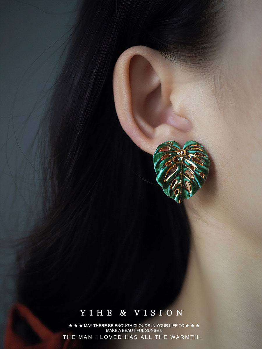 Handmade Ceramic Earrings "Monstera Leaf"