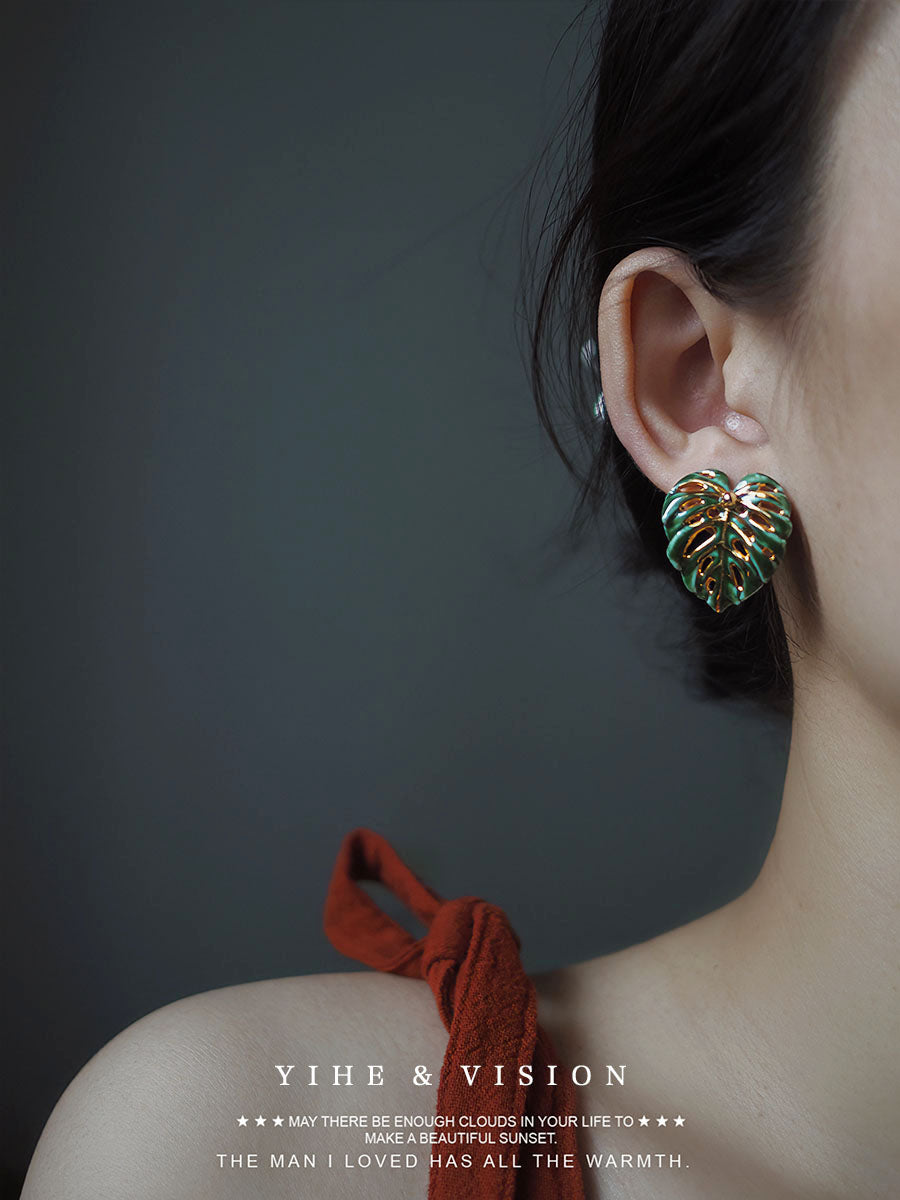 Handmade Ceramic Earrings "Monstera Leaf"