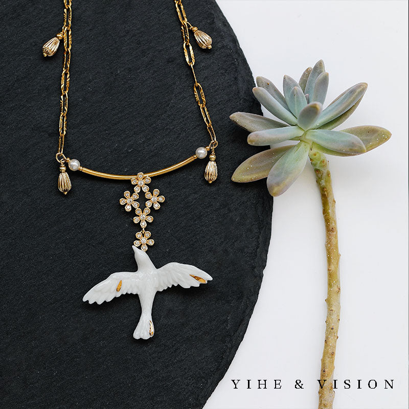 Handmade Ceramic Necklace "Blossoming Bird"