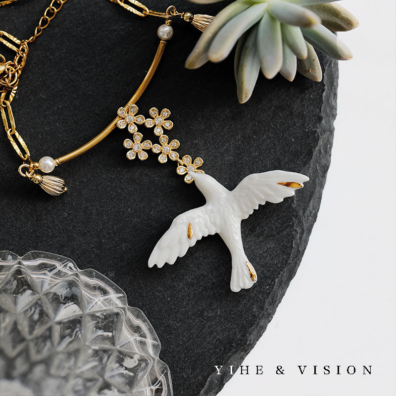 Handmade Ceramic Necklace "Blossoming Bird"