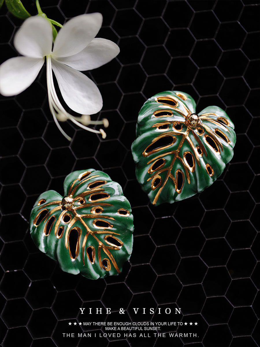 Handmade Ceramic Earrings "Monstera Leaf"