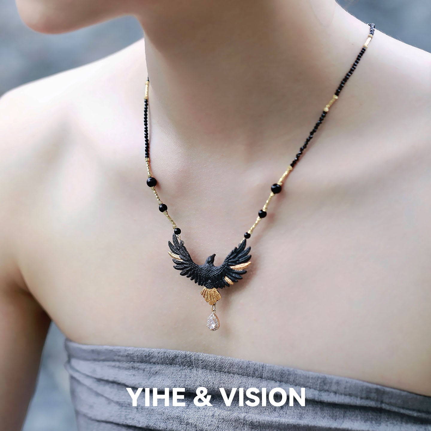 Handmade Ceramic Necklace "Black Eagle"