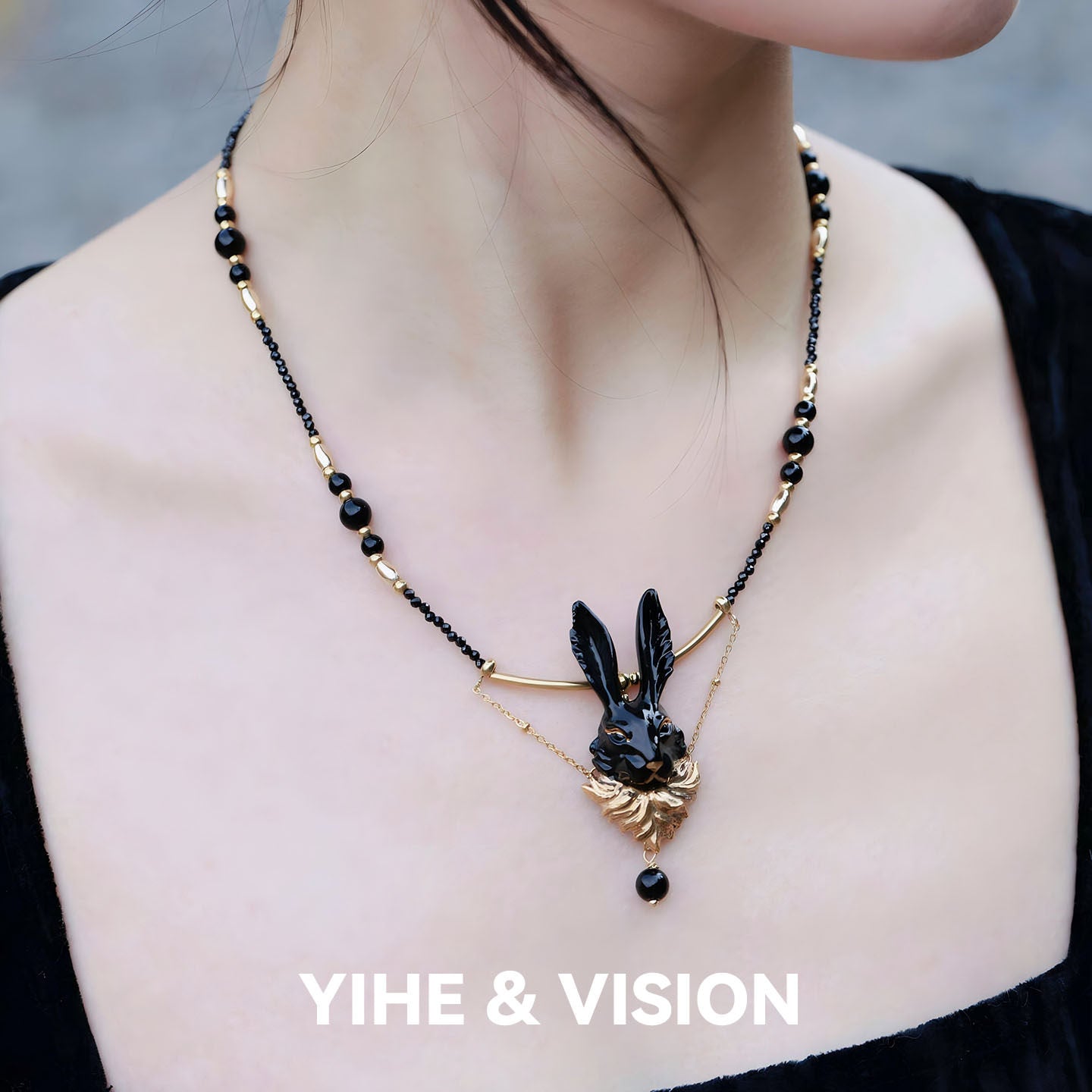 Handmade Ceramic Golden Whisker Black Rabbit Necklace