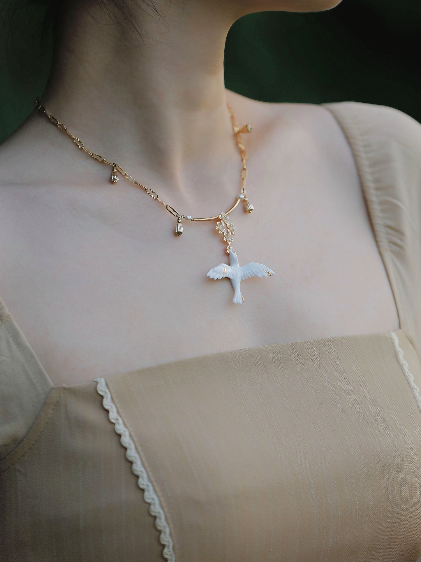 Handmade Ceramic Necklace "Blossoming Bird"