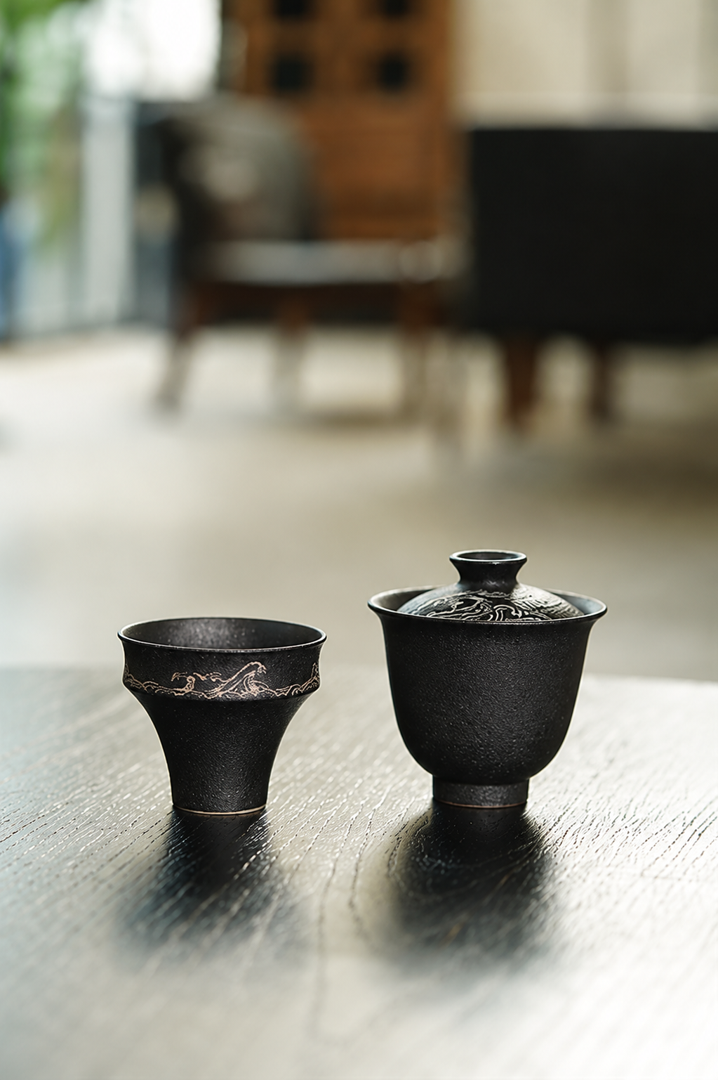 Tea Gaiwan & Cup Set — The Sea Within, Traced in Silver
