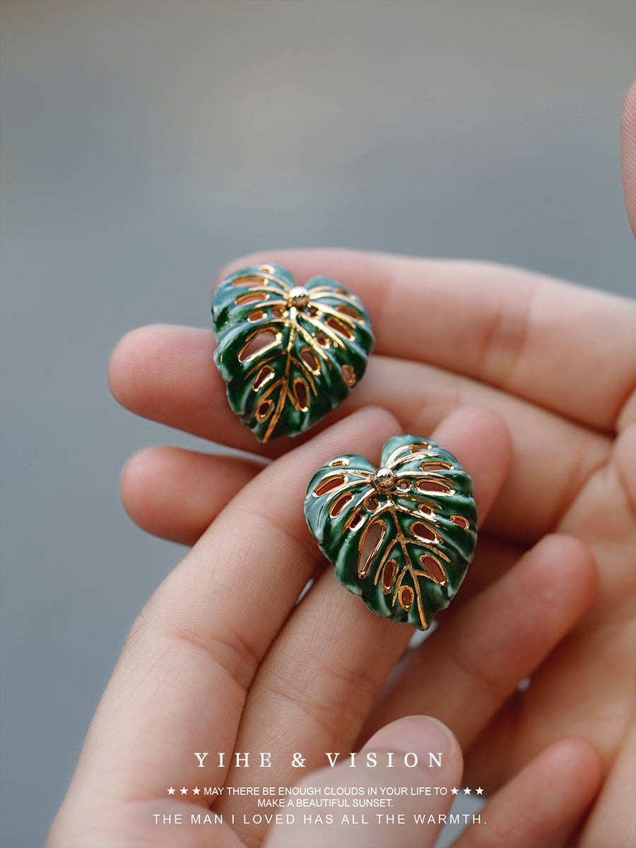 Handmade Ceramic Earrings "Monstera Leaf"