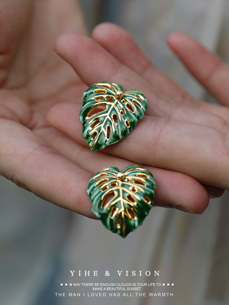 Handmade Ceramic Earrings "Monstera Leaf"